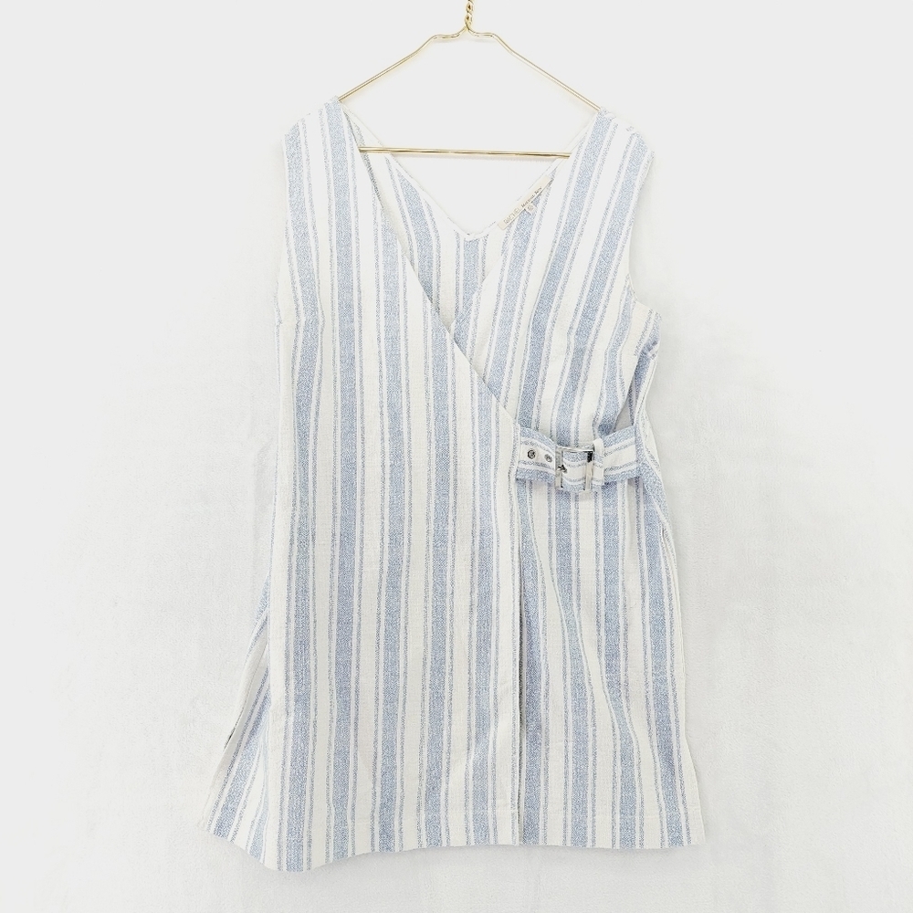 Rachael Ray Blue Stripe Cotton Blend Sleeveless Faux Wrap Buckle Tank Top P2998